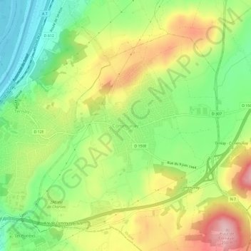 Topografische kaart Communay, hoogte, reliëf