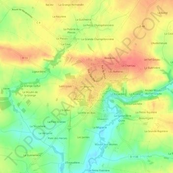 Topografische kaart Le Beignon, hoogte, reliëf