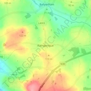 Topografische kaart Rathgarogue, hoogte, reliëf