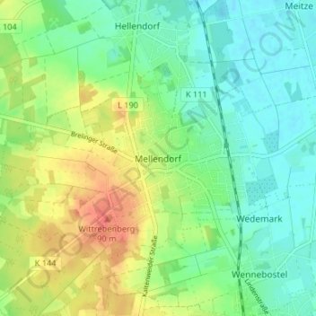 Topografische kaart Mellendorf, hoogte, reliëf