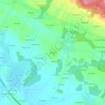 Topografische kaart Keravélo, hoogte, reliëf