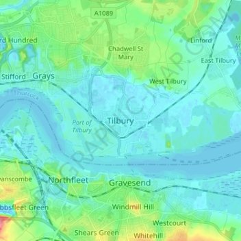 Topografische kaart Tilbury, hoogte, reliëf