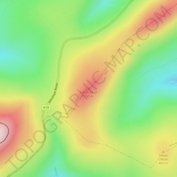 Topografische kaart Clagh Ouyr, hoogte, reliëf