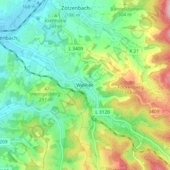 Topografische kaart Weiher, hoogte, reliëf