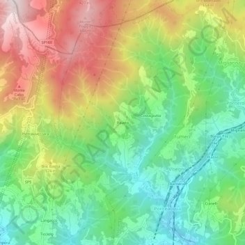 Topografische kaart Paveto, hoogte, reliëf