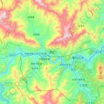 Topografische kaart Xiqu District, hoogte, reliëf