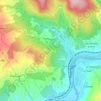 Topografische kaart Romena, hoogte, reliëf
