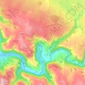 Topografische kaart Ampiac, hoogte, reliëf