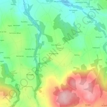 Topografische kaart Kerangueven, hoogte, reliëf