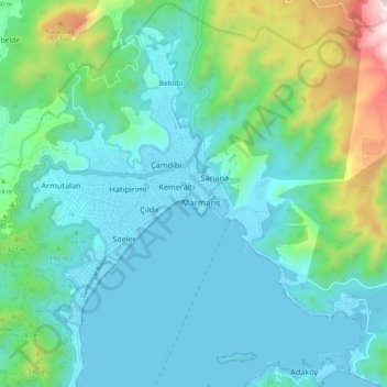 Topografische kaart Marmaris, hoogte, reliëf