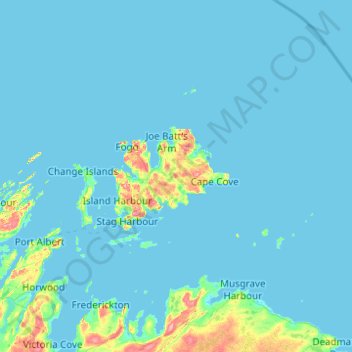 Topografische kaart Fogo Island, hoogte, reliëf