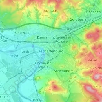 Topografische kaart Aschaffenburg, hoogte, reliëf
