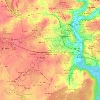 Topografische kaart Kerprat, hoogte, reliëf