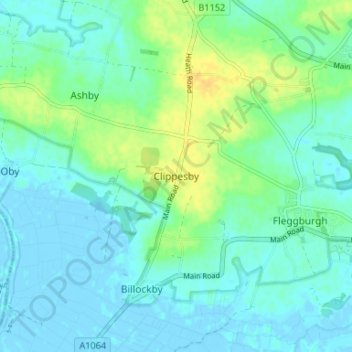 Topografische kaart Clippesby, hoogte, reliëf
