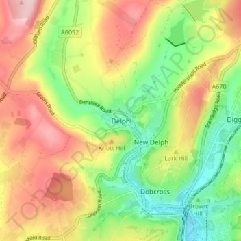 Topografische kaart Delph, hoogte, reliëf