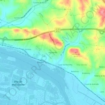 Topografische kaart Vila Verde, hoogte, reliëf