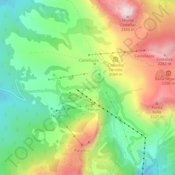 Topografische kaart Passo Rolle, hoogte, reliëf