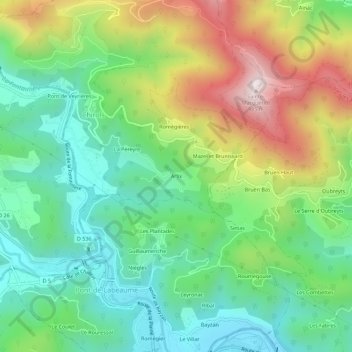 Topografische kaart Arlix, hoogte, reliëf