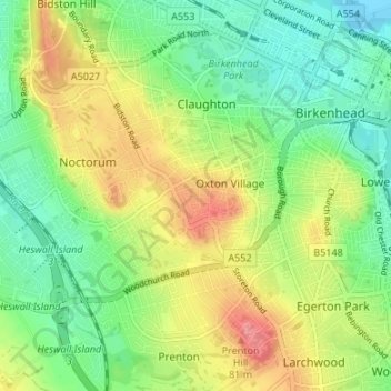 Topografische kaart Oxton, hoogte, reliëf