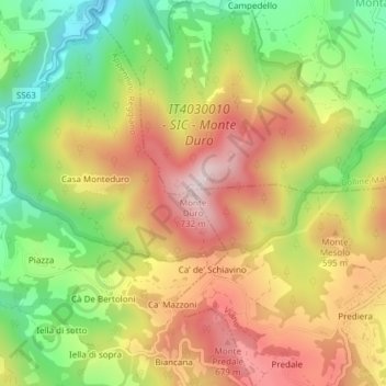 Topografische kaart Monte Duro, hoogte, reliëf