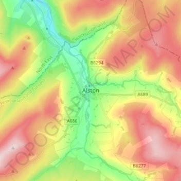 Topografische kaart Alston, hoogte, reliëf