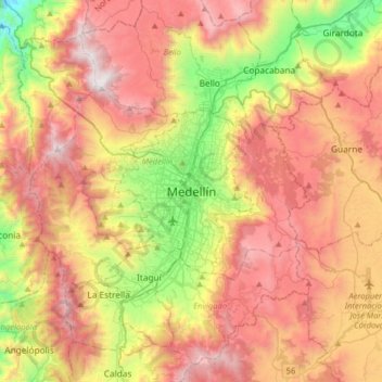 Topografische kaart Medellín, hoogte, reliëf