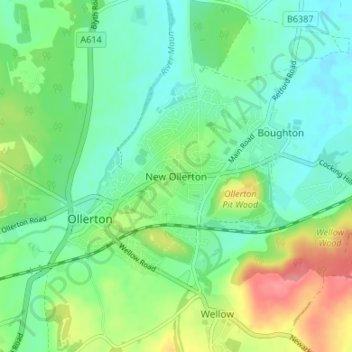 Topografische kaart New Ollerton, hoogte, reliëf