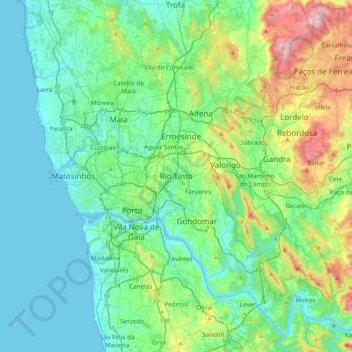 Topografische kaart Rio Tinto, hoogte, reliëf