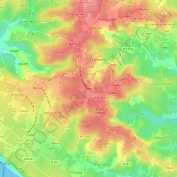 Topografische kaart Potin, hoogte, reliëf