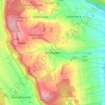 Topografische kaart Nienhagen, hoogte, reliëf