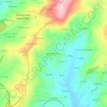 Topografische kaart Moreira de Cima, hoogte, reliëf