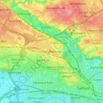 Topografische kaart Pendlebury, hoogte, reliëf