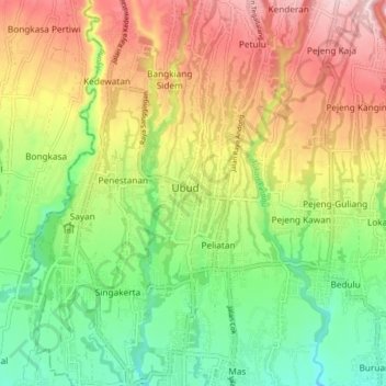 Topografische kaart Ubud, hoogte, reliëf