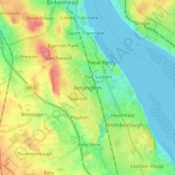 Topografische kaart Bebington, hoogte, reliëf