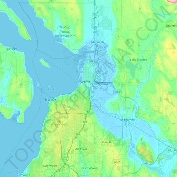 Topografische kaart Everett, hoogte, reliëf