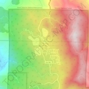 Topografische kaart Grant Grove Village, hoogte, reliëf