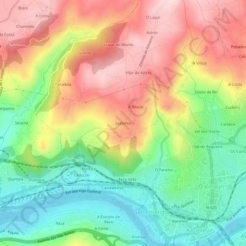 Topografische kaart Ludeiros, hoogte, reliëf