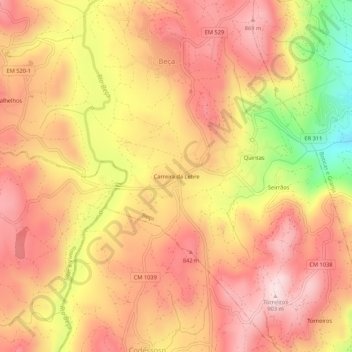 Topografische kaart Carreira da Lebre, hoogte, reliëf