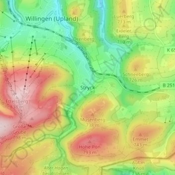 Topografische kaart Stryck, hoogte, reliëf