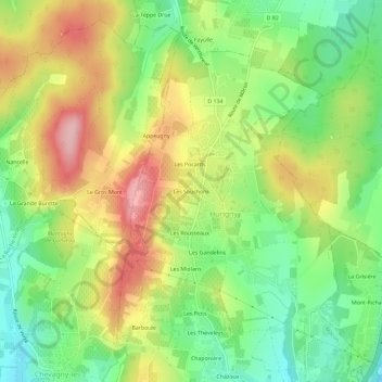 Topografische kaart Les Souchons, hoogte, reliëf