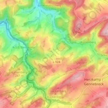 Topografische kaart Oberelfringhausen, hoogte, reliëf
