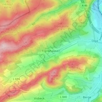 Topografische kaart Frenkhausen, hoogte, reliëf