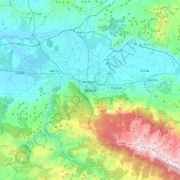 Topografische kaart Bursa, hoogte, reliëf
