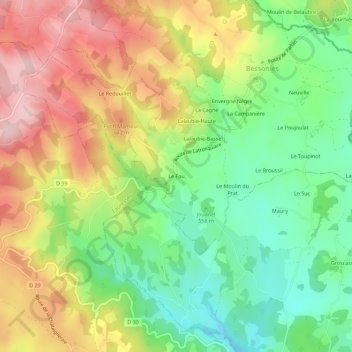 Topografische kaart Le Fau, hoogte, reliëf