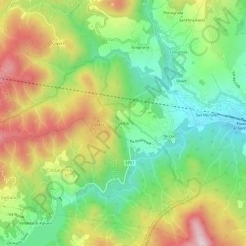 Topografische kaart Cortia, hoogte, reliëf