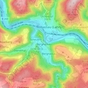 Topografische kaart Bergnassau, hoogte, reliëf