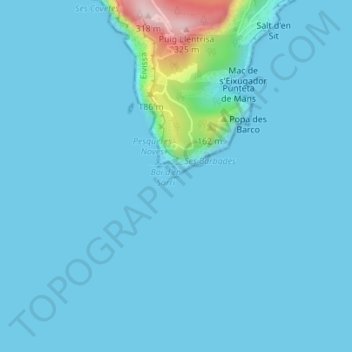 Topografische kaart Cap Llentrisca, hoogte, reliëf