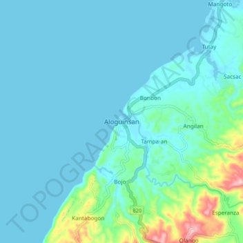 Topografische kaart Aloguinsan, hoogte, reliëf