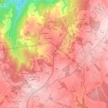 Topografische kaart O Canedo, hoogte, reliëf