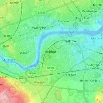 Topografische kaart Hebburn, hoogte, reliëf